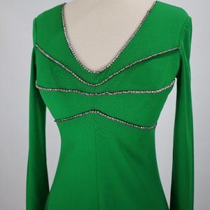 Vtg 70's Emerald Green Silver Rhinestones Dress Gown Party Cocktail Prom Wedding